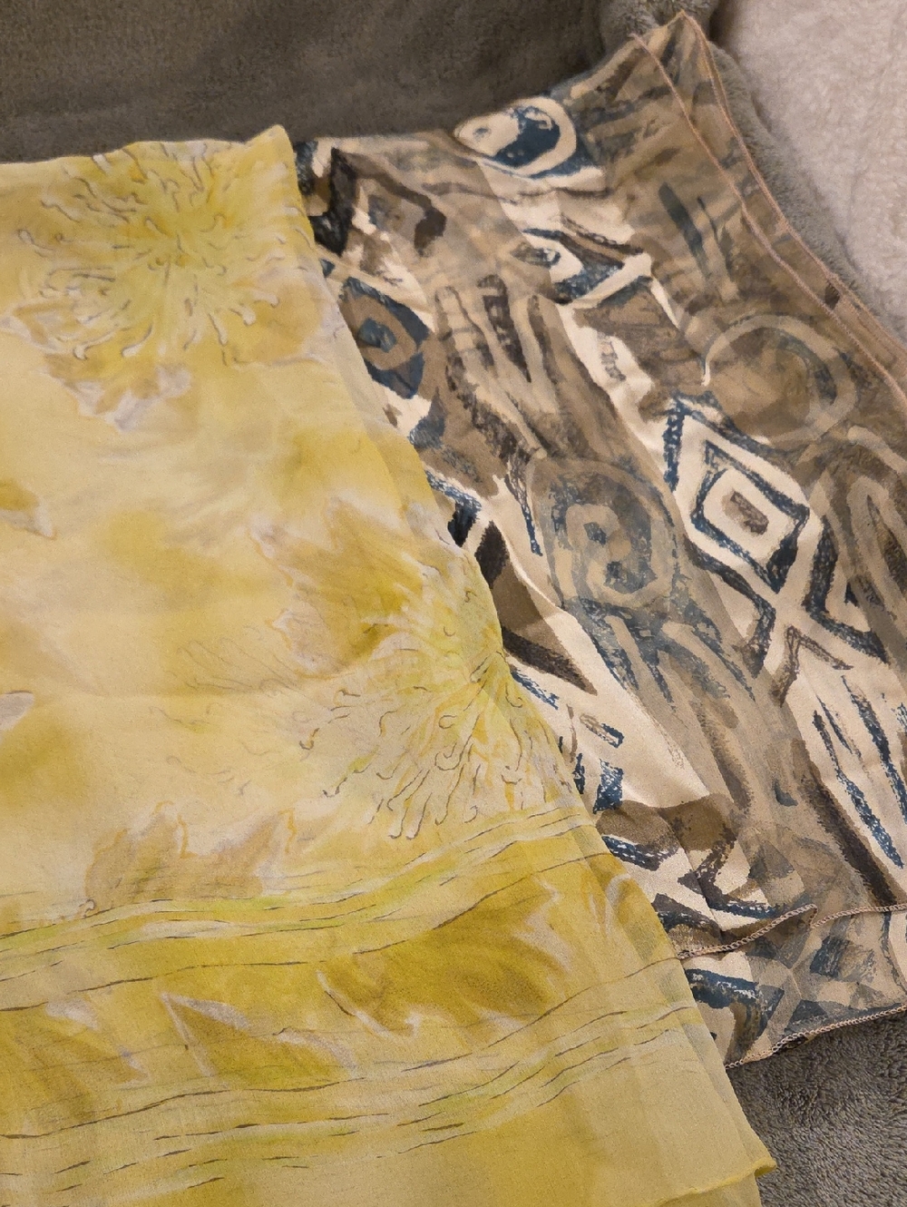 Yellow Patterned And Tan/Brown Print Silk Scarves